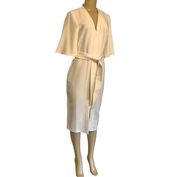 ASOS Kimono Style Bell Sleeve Fitted A-line Midi Belted White Dress 6 - Picture 4 of 12